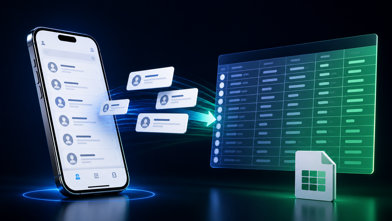 iPhone contact cards flowing into an organized Excel-compatible spreadsheet for the five best contact export apps in 2026